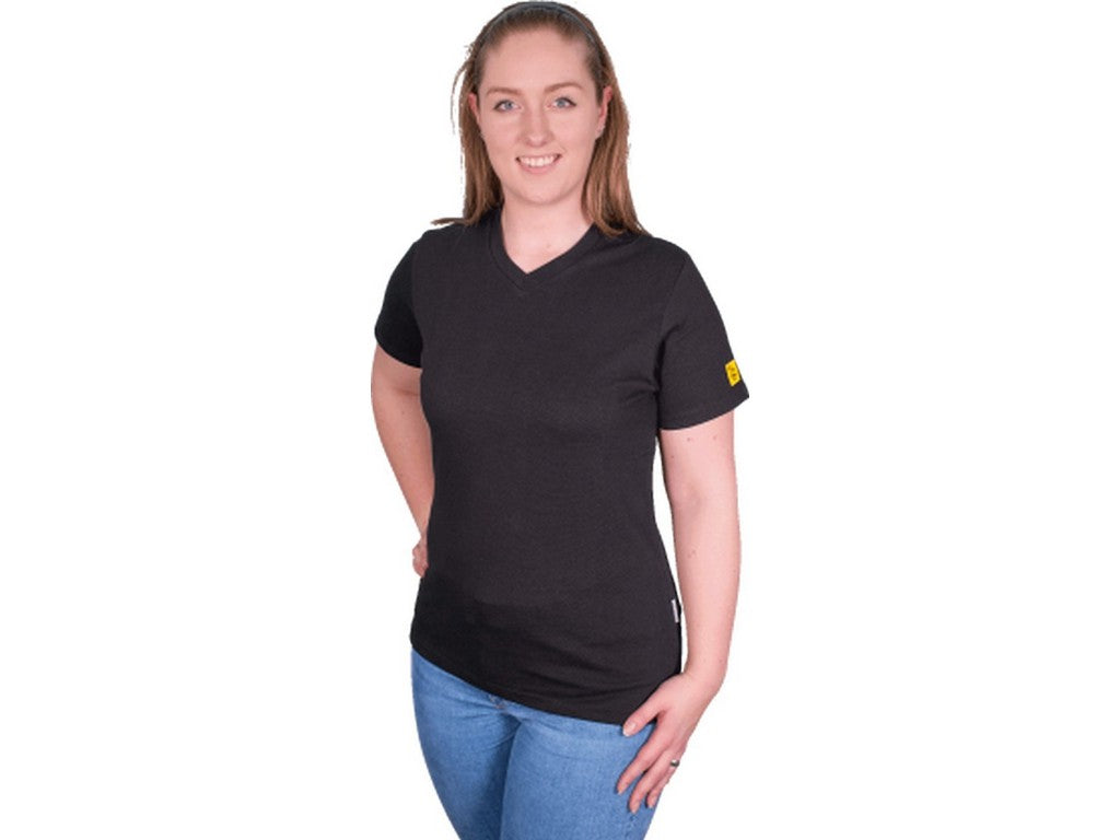 Damemodel ESD  T-shirt sort  str.: M; figursyet og V udskæring