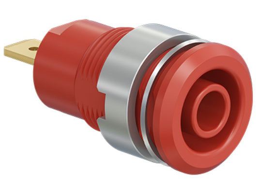 Bøsning SLB4-F forgyldt rød CAT III 1000V 24A m/fladstik 4,8x0,8