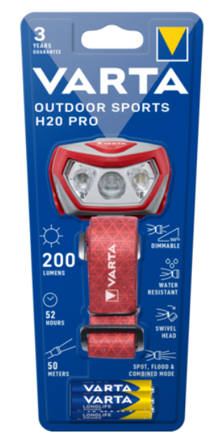 Varta OUTDOOR SPORTS H20 PRO headlight m/3 llight levels incl. 3 x AAA batteries