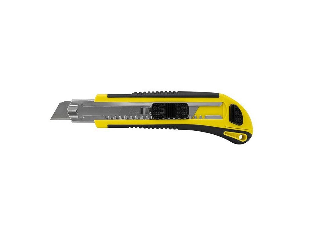 Kniv med Non-Slip gummigreb, 18 mm knivblad, Automatisk lås og magasin med lås og 2 knivblade